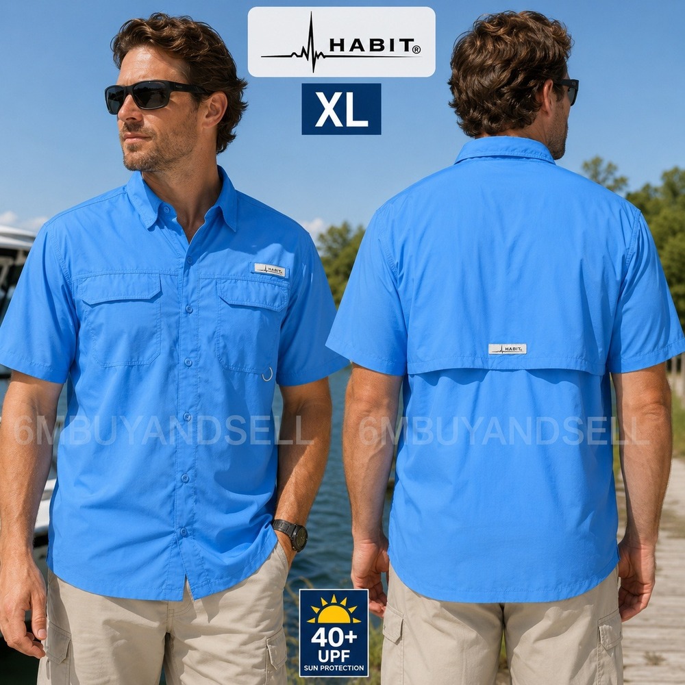 Habitโ Mens XL Bahama Blue Short Sleeve Fishing Shirt UPF 40+ Ventilated TS1360